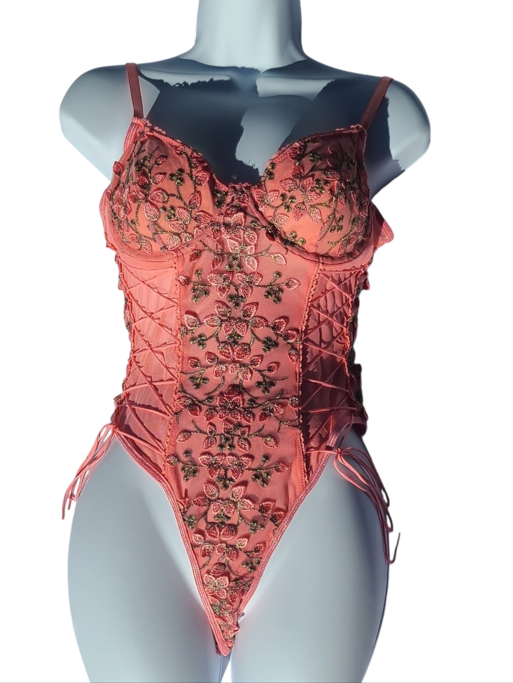 Source Unknown Coral Pink Embroidered Lace-Up Bodysuit Chemise